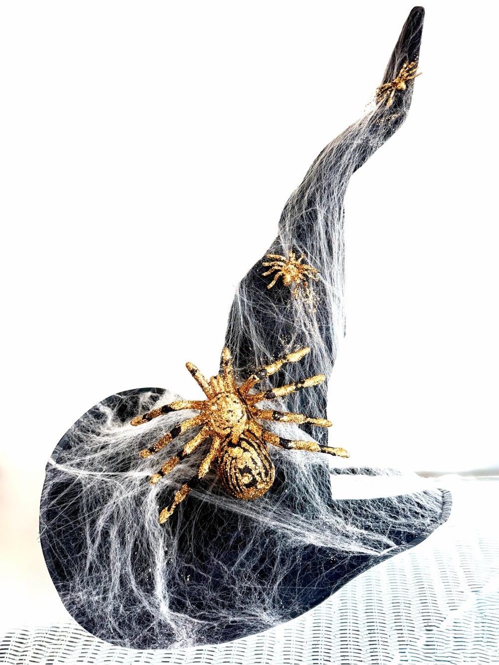 Black Witch Hat large poseable wired velvet with Gold Spider cobwebs Halloween